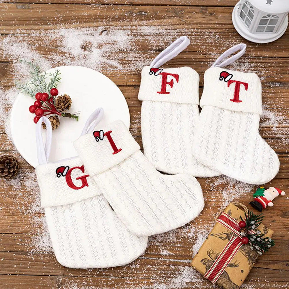 With Hanging Rope Christmas Stocking Children Candy Bag Beautiful Knitted Pendant White Snowflake Alphabet Christmas Tree Oasis Select