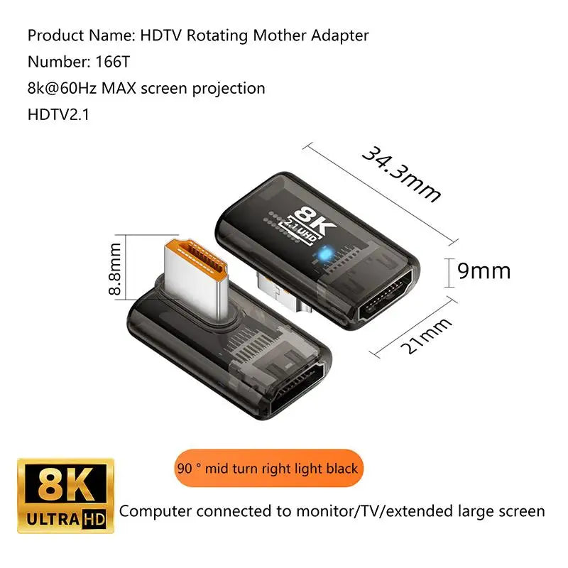 HDMI 2.1 Male To Female Adapter 8K@60Hz Male To Female Connector Up Down Angle 90 270 360 Degree For HDMI Cable PC Laptop HDTV Oasis Select K2