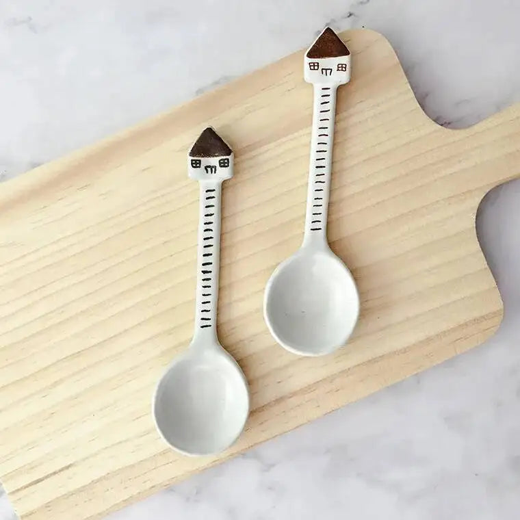 Ceramic Spoon Hand-painted Cute House Dessert Spoon Ice Cream Spoon Kitchen Tablewear Oasis Select 2PCS--Brown
