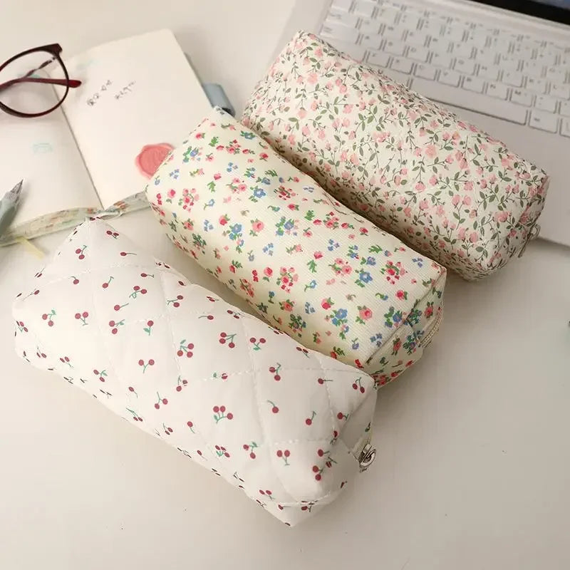 Sweet Cute Bow Floral Cherry Pencil Case Portable Large Capacity Student Stationery Storage Bag Pen Bag Girly Cosmetic Bag Gifts Oasis Select