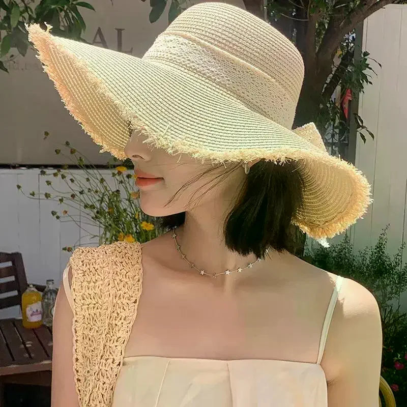 Women Bow Decor Oversize Big Brim Straw Hat Summer Outdoor Sun Block UV Protection Hat Lightweight Breathable Beach Headwear Oasis Select