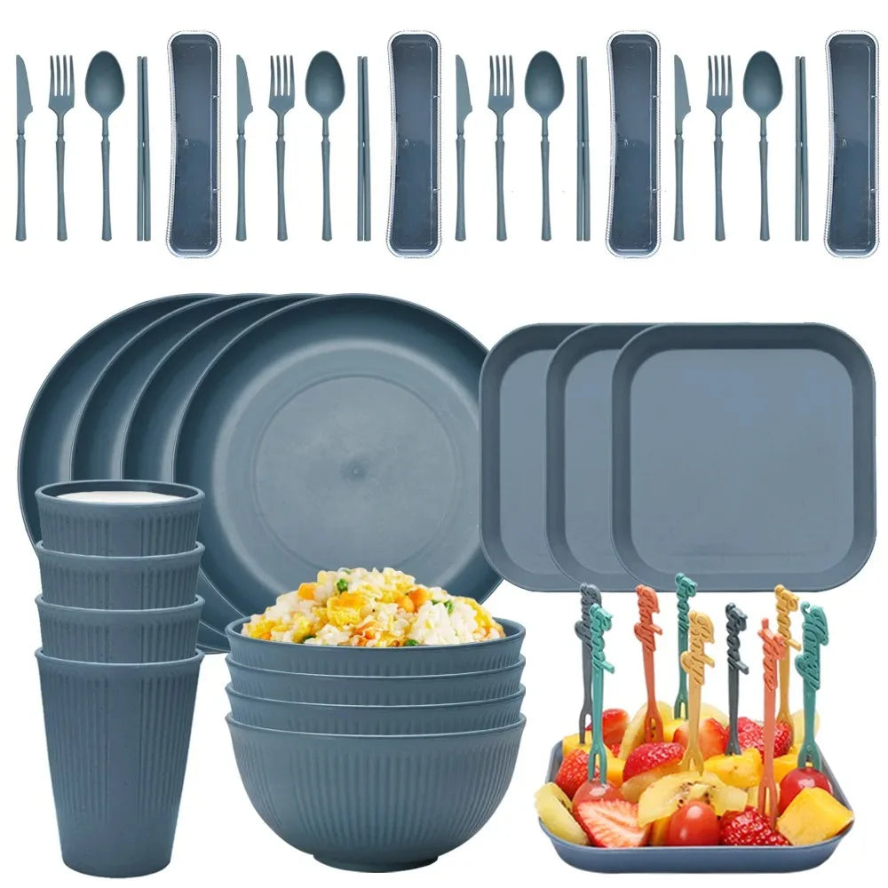 48-Piece Wheat Straw Eco-Friendly Dinnerware Set for 4 | Camping Eco Dinnerware Set Oasis Select 48PCS blue