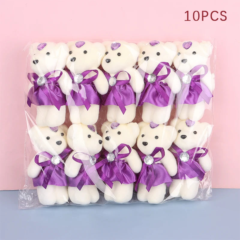 10Pcs 12cm Bear Flower Bouquet Toy Cartoon Doll Teddy Bear Bouquet Graduation Birthday Wedding Gifts Party Decor Oasis Select Purple