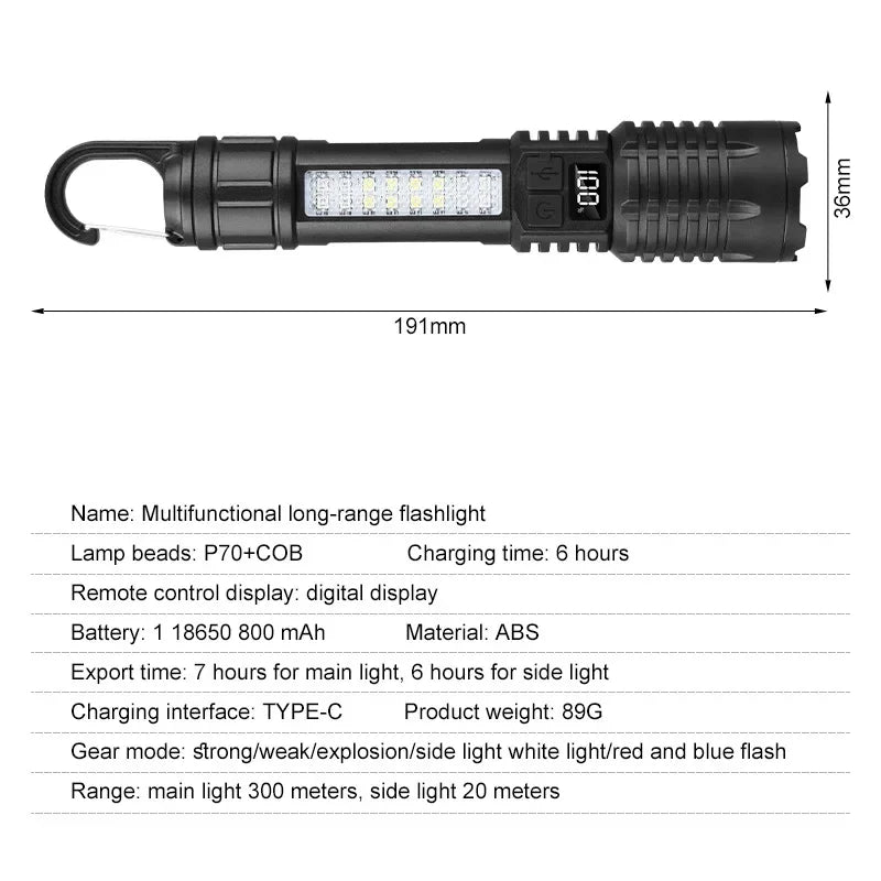 Portable Rechargeable Flashlight Multi-Function Outdoor Specific LED Flashlight With COB Warning And Searchlight Oasis Select SJ004-2