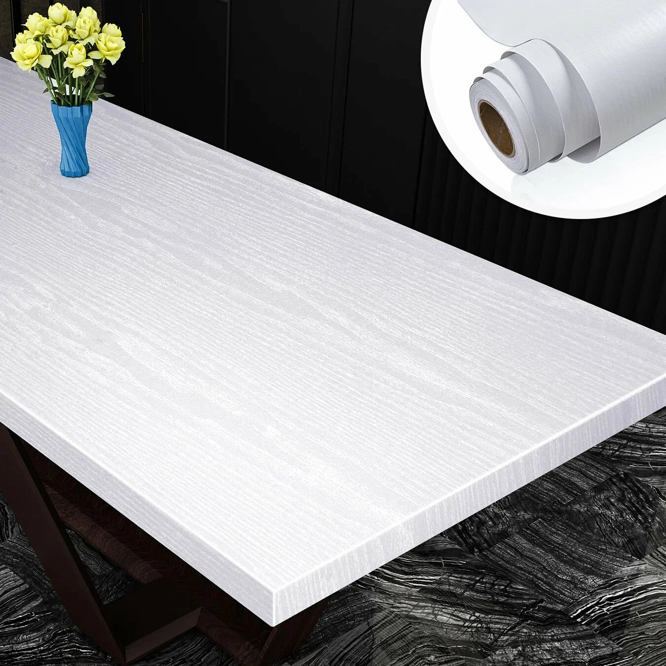 PVC Wood Grain Self-Adhesive Wallpaper Black White Solid Color 55cm Suitable For Wardrobes Kitchen Furniture And Wall Decoration Oasis Select