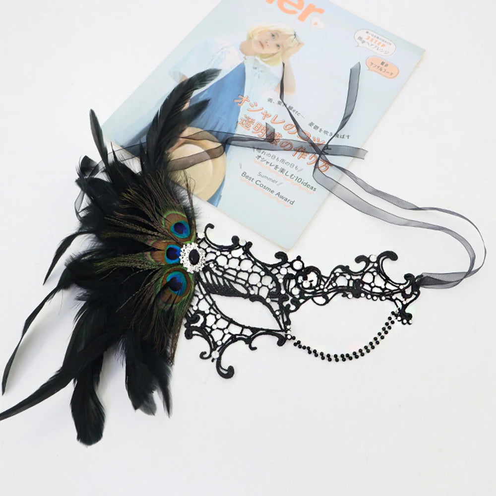 Feathers Design Half-Face Lace Mask Seductive Style Masquerade Feather Mask Fancy Prom Cosplay Masquerade Mask Oasis Select Black
