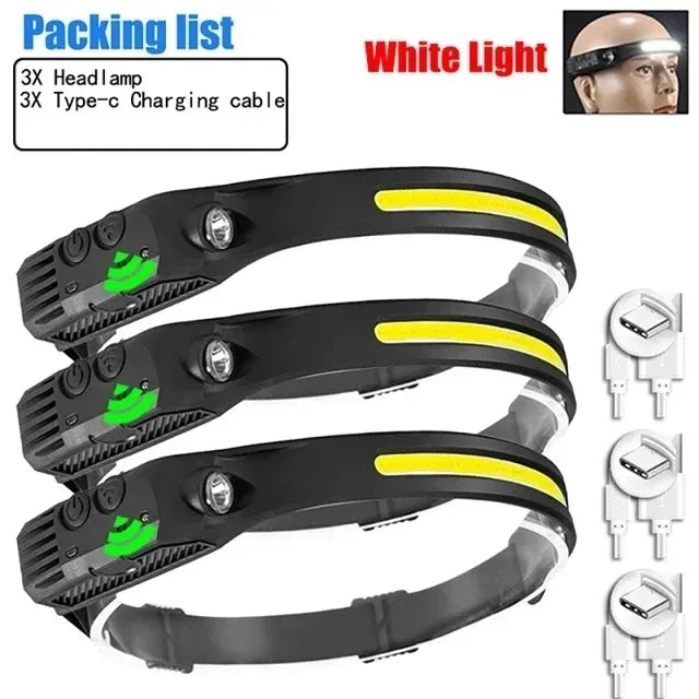USB Rechargeable LED COB Sensor Headlamp White Light Head Torch Work Lamp Outdoor Waterproof Camping Fishing Lantern Headlight Oasis Select 3PCS