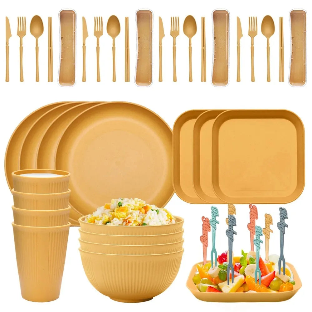 48-Piece Wheat Straw Eco-Friendly Dinnerware Set for 4 | Camping Eco Dinnerware Set Oasis Select 48PCS orange