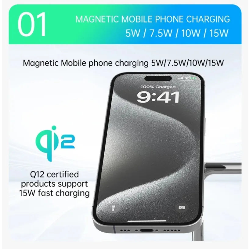 QI2 Wireless Charging Station for Apple / Samsung 3 in 1 Charger Stand Dock for iPhone 12-16 AirPods Apple Watch 10 9 8 7 6 5 Oasis Select