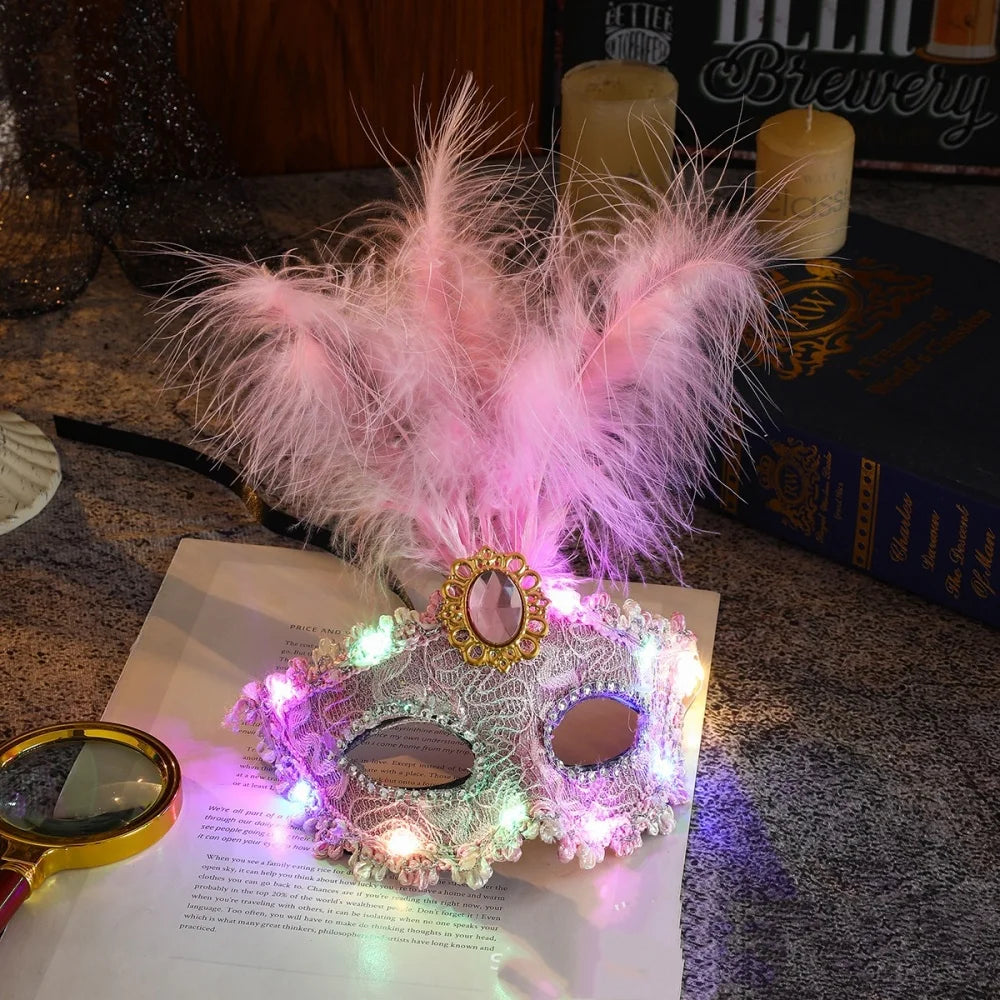 1Pcs Venetian Venice Glowing Feather Led Masks Woman Fancy Dance Party Eye Mask Carnival Halloween Masquerade Cosplay Costume Oasis Select Pink