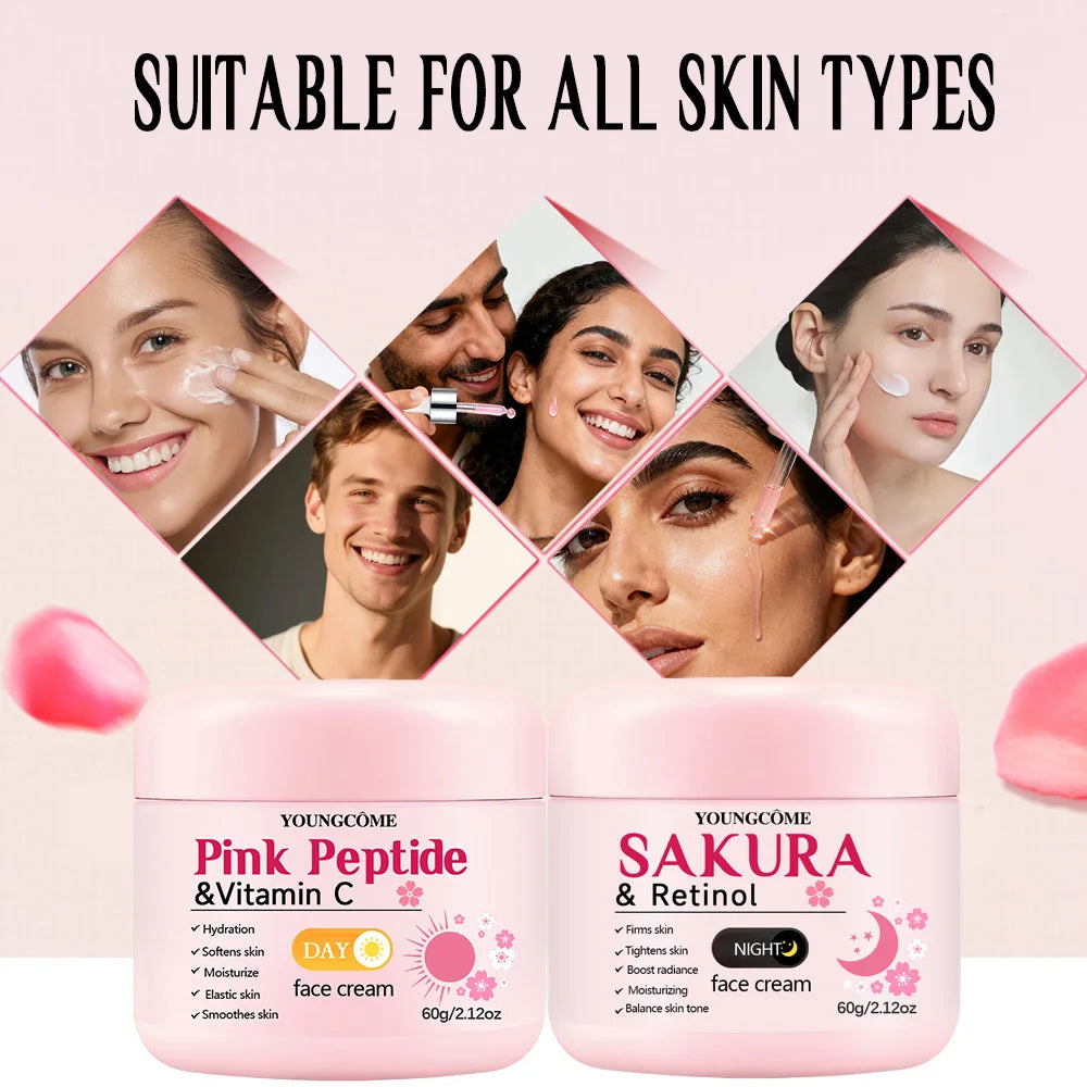 4-Piece Day & Night Skincare Set: Pink Peptide Vitamin C Day Cream + Sakura Retinol Night Cream & Essence for Hydration, Firmnes Oasis Select