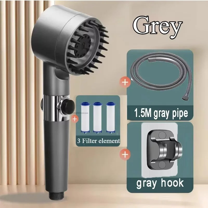 2026 New Turbocharged Filter Shower Head 3 Modes High Pressurized Handheld Shower with Massage Brush One Click on/Off Switch Oasis Select shower-6set