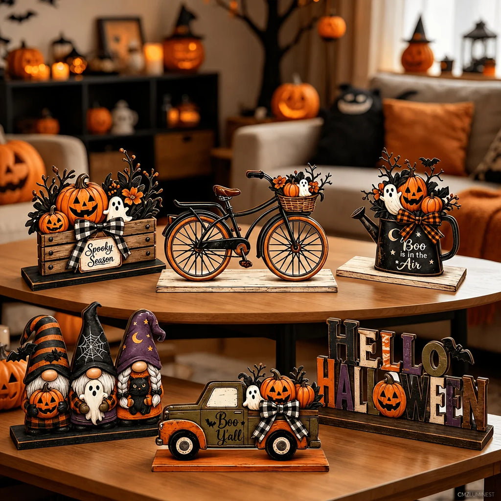 Halloween wooden dining table decoration, with patterns of fairies, trucks, ghosts, bicycles, etc. on the decorations. Oasis Select