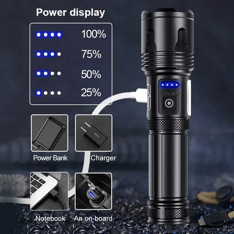 Powerful LED Flashlight XHP120 Rechargeable Portable Tactical Torch Super Bright Camping Outdoor Search and Adventure Flash Lamp Oasis Select