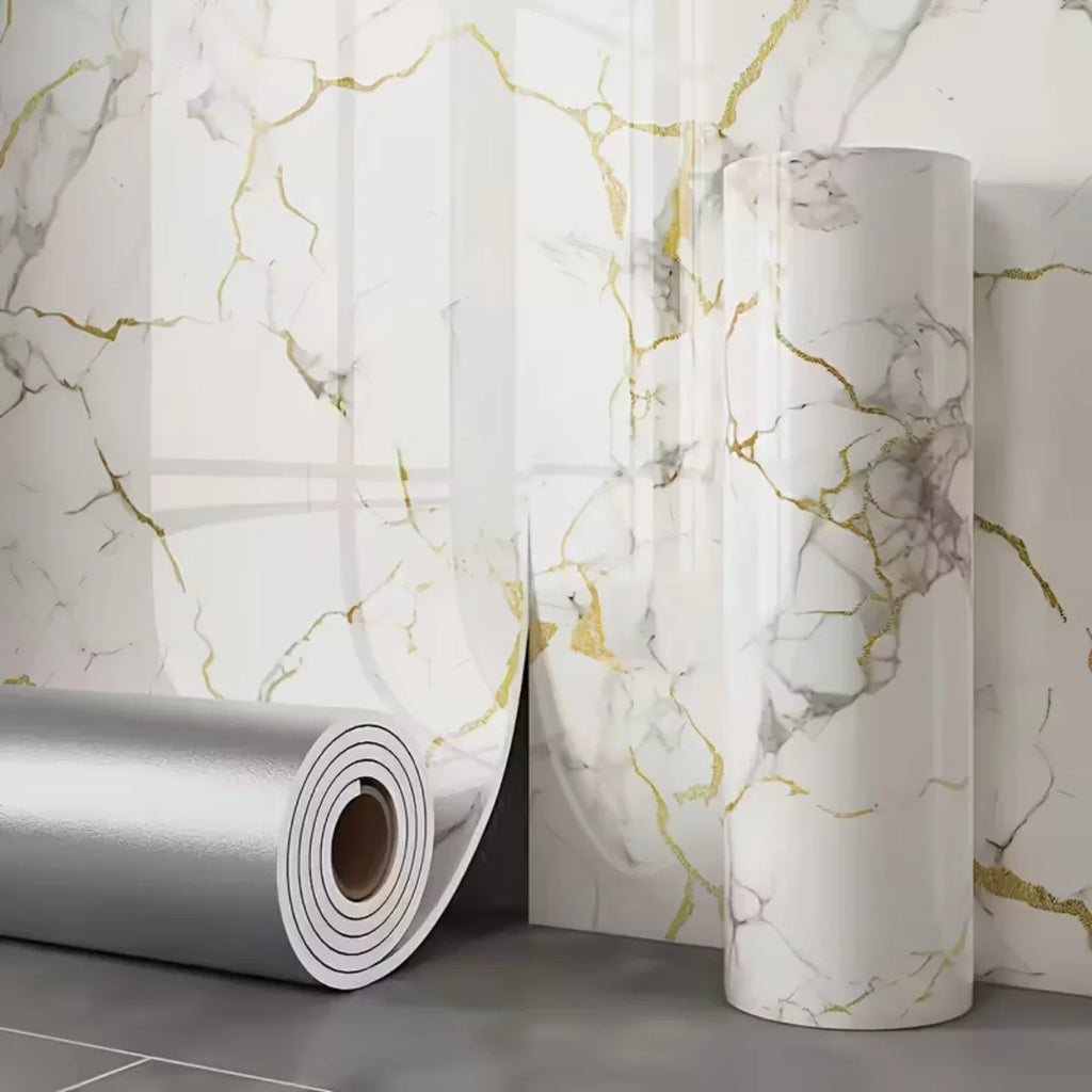 Self Adhesive Marble Wallpaper Waterproof Moisture Proof Faux Tile Wall Sticker for Bathroom Living Room Accent Wall Home Decor Oasis Select 40x300cm Platinum-1Roll