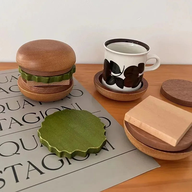 6-Piece Burger-Shaped Solid Wood Coasters – Anti-Slip Cup Mats Wood Coaster Set Oasis Select