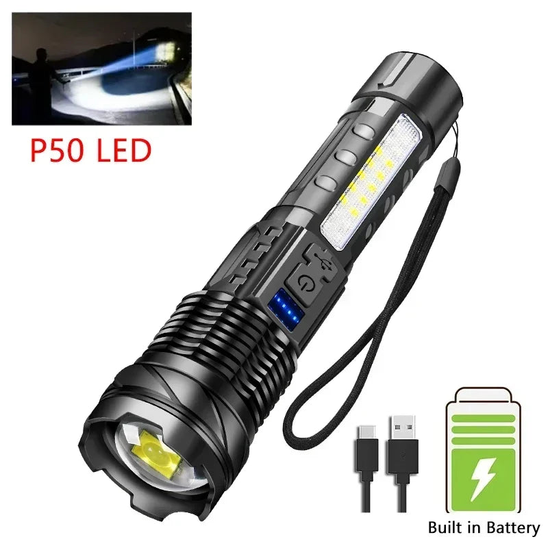 Powerful LED Flashlight Type C Rechargeable Waterproof Torch with Side Light 7 Modes Zoomable Lamp for Camping Fishing Lantern Oasis Select 1PCS