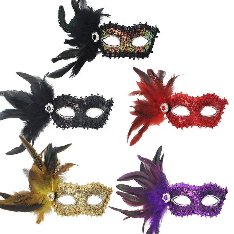 Feathers Sequins Half-Face Mask Masquerade Removable Feather Decor Venetian Mask Halloween Cosplay Party Costume Accessory Oasis Select