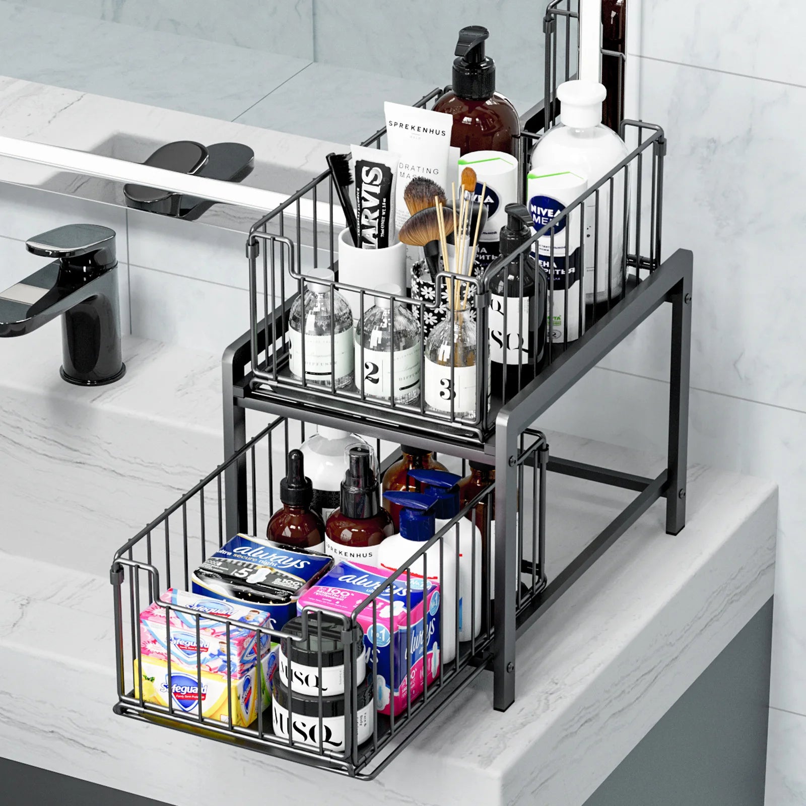 Cabinet drawer rack, kitchen supplies storage basket, layered seasoning, under dishes, sink, pull storage box Oasis Select
