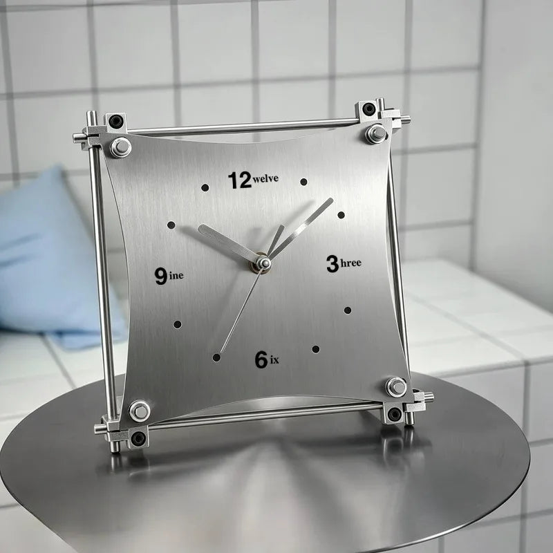 Stainless Steel Geometric Desk Clock Creative Word Number Dial Silent Timepiece Modern Art Table Decor for Bedroom Living Room Oasis Select