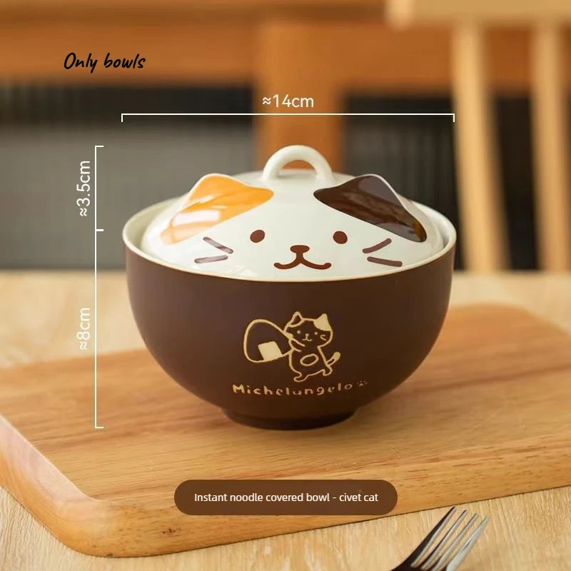 1pcs Japanese Tableware Cute Cat Ceramic Bowl Large Capacity Household Soup Bowl Student Instant Noodle Bowl with Lid Oasis Select Three flower cat