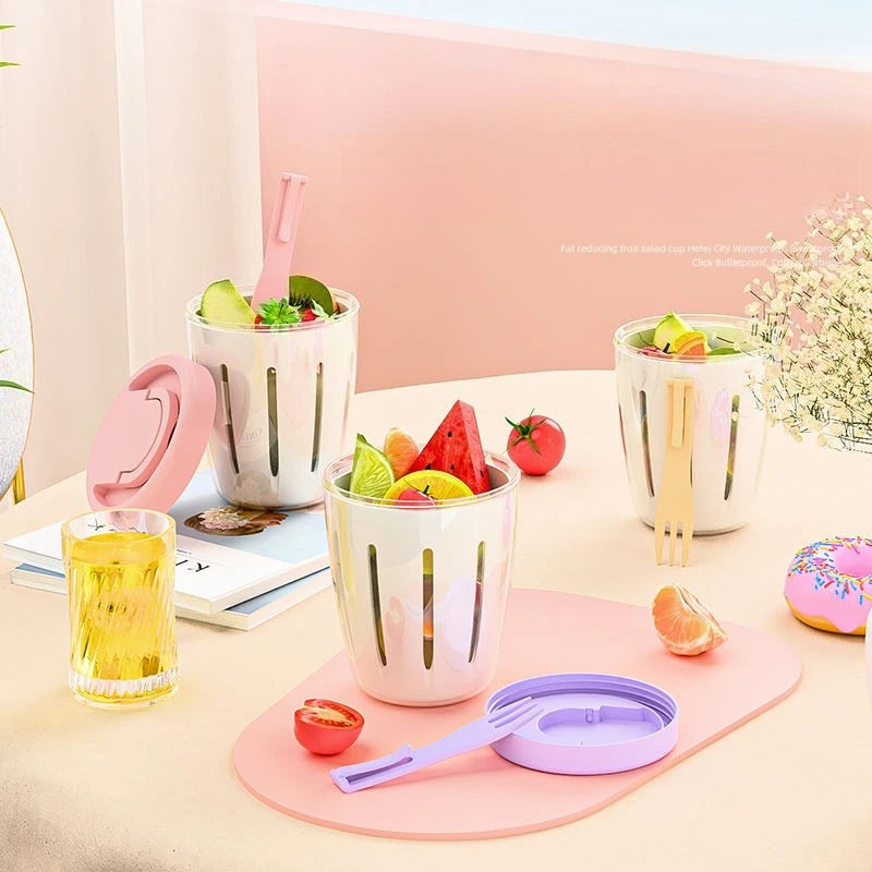 Portable Cylindrical Food Container with Fork Built in Drain Plastic Fruit Storage Cup Multi Purpose Lunch Box for Daily Snacks Oasis Select