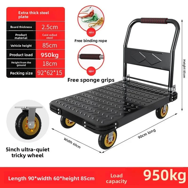 Steel plate pulling trolley trolley trolley handling thickened foldable portable silent trailer pulling flat truck Oasis Select 90-60-5-D