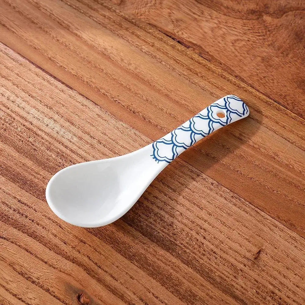 Japanese-style Blue And White Porcelain Small Soup Spoon Ceramic Rice Spoon Household Soup Spoon Kitchen Spoon Kitchen Tablewear Oasis Select Blue And White Waves