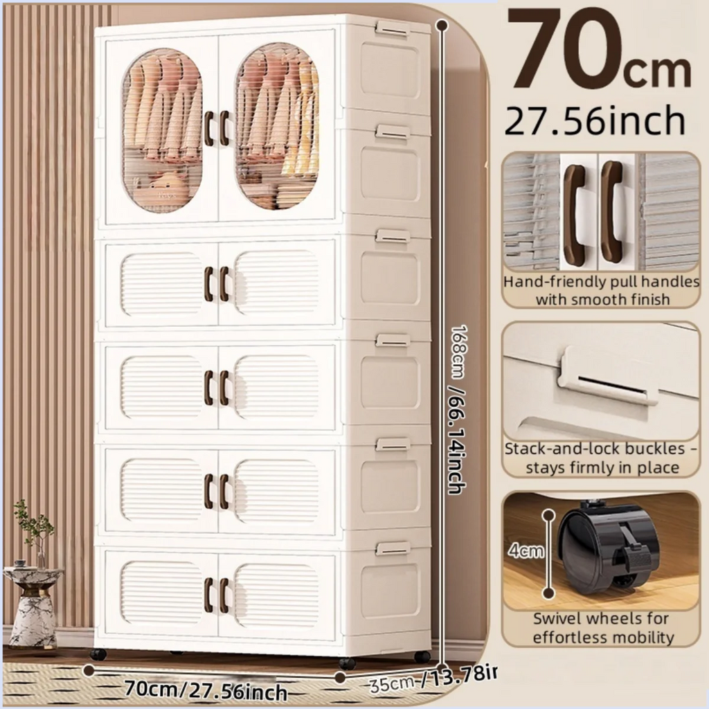 70cm Double-Door Foldable Wardrobe with Wheels - Large Capacity Magnetic Closure Storage for Clothes/Quilts, Bedroom/Living Room Oasis Select 1 cabinet 4 drawers