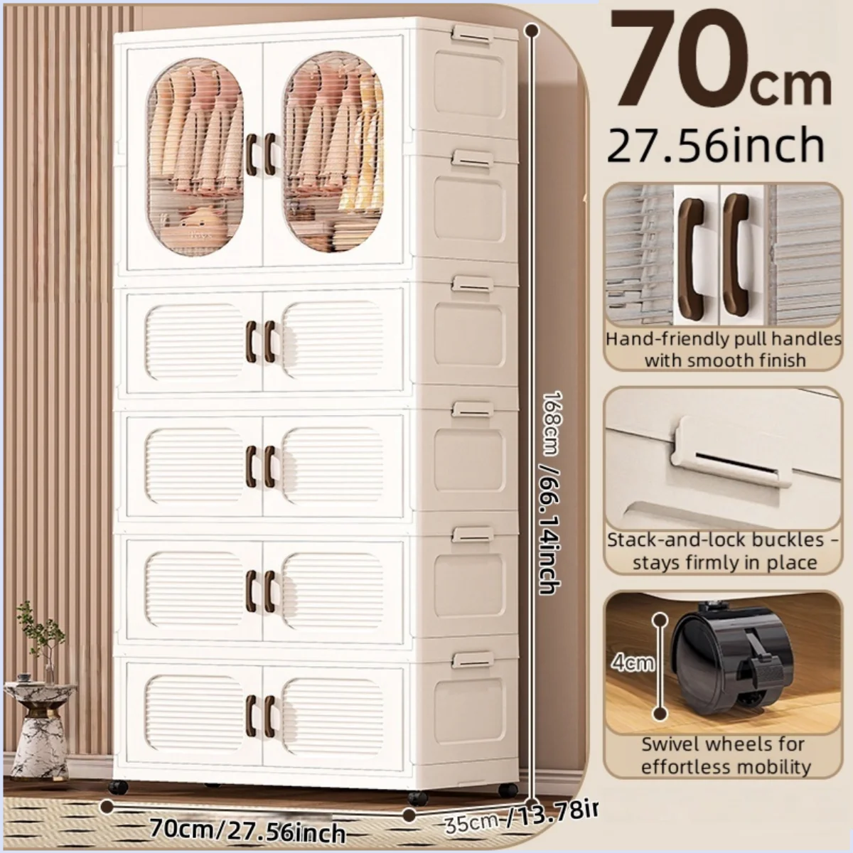 70cm Double-Door Foldable Wardrobe with Wheels - Large Capacity Magnetic Closure Storage for Clothes/Quilts, Bedroom/Living Room Oasis Select 1 cabinet 4 drawers