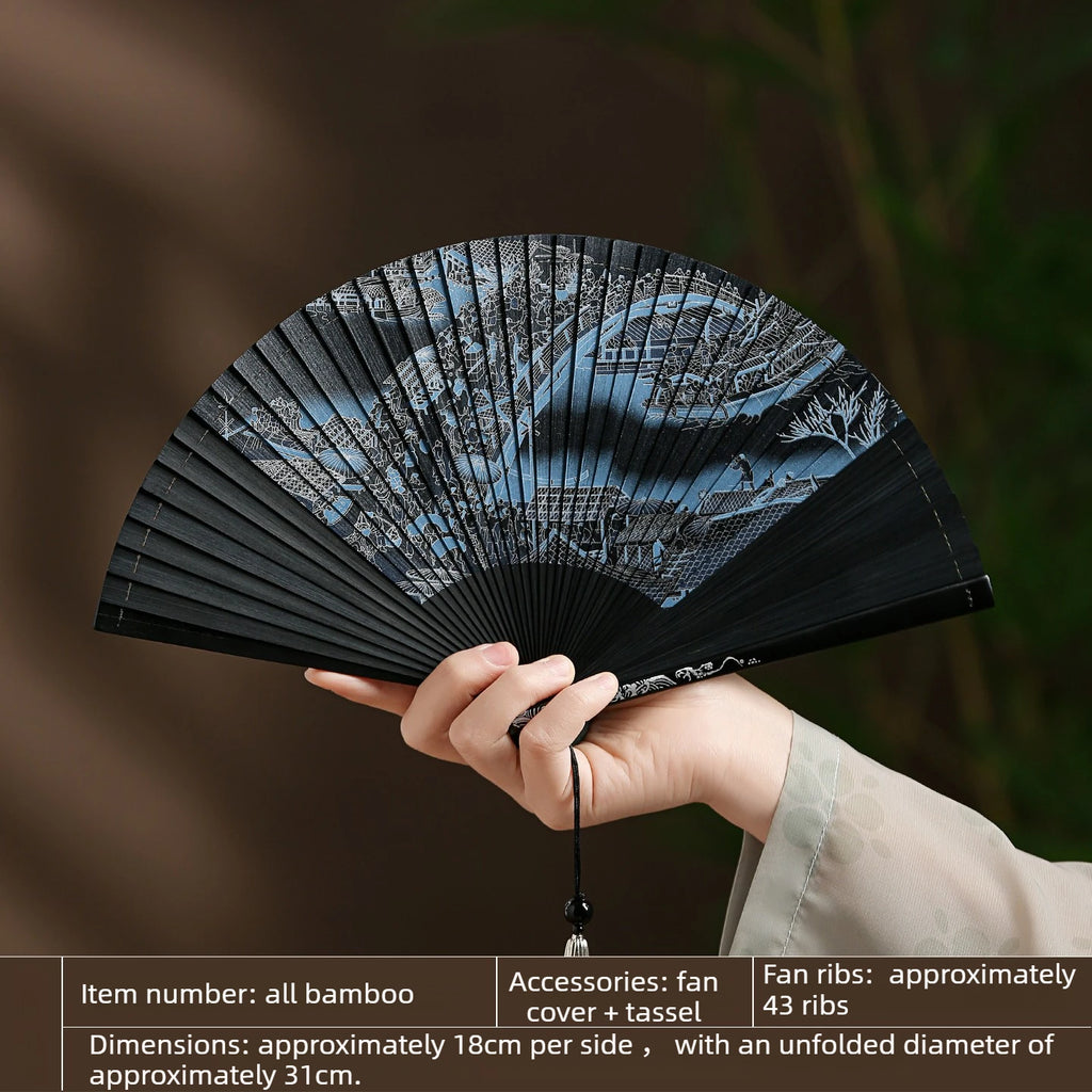 All Bamboo Folding Fan Compact and Portable Chinese Style Portable Ancient Style Folding Fan Cheongsam Fashion Show Oasis Select Black 18x31cm