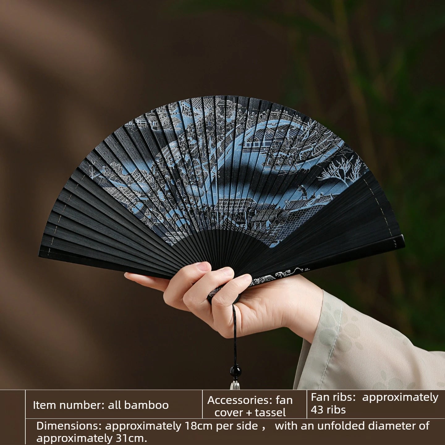 All Bamboo Folding Fan Compact and Portable Chinese Style Portable Ancient Style Folding Fan Cheongsam Fashion Show Oasis Select Black 18x31cm