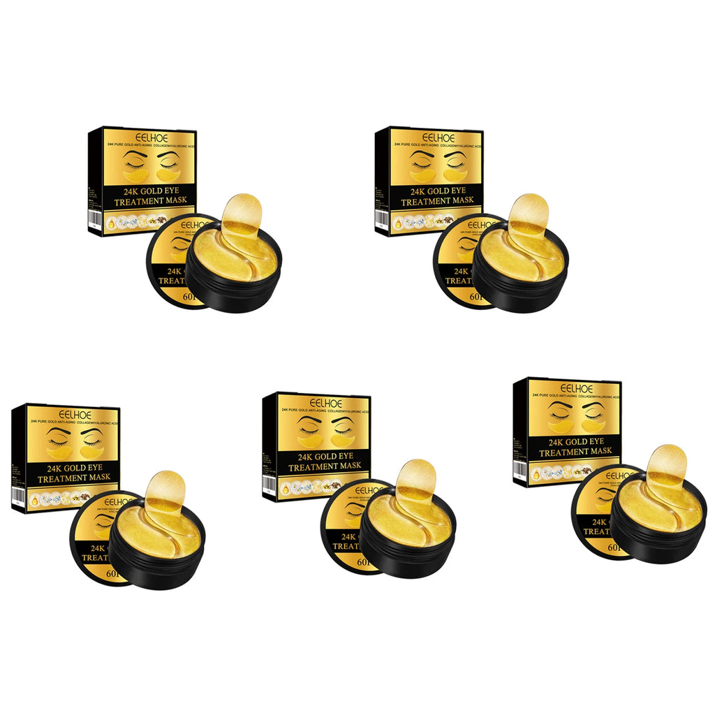 24K Gold Eye Treatment Mask Remove Dark Eye Circles Firming Fade Fine Lines Anti-Aging Hyaluronic Acid Collagen Under Eye Mask Oasis Select 5 x 60Pcs Boxed