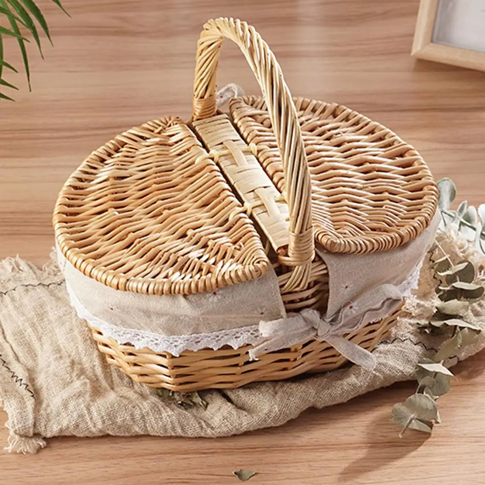 Handmade Wicker Basket With Handle Picnic Food Basket With Lid Hand-Woven Multi-Purpose Wicker Tray Desktop Decor Storage Box Oasis Select