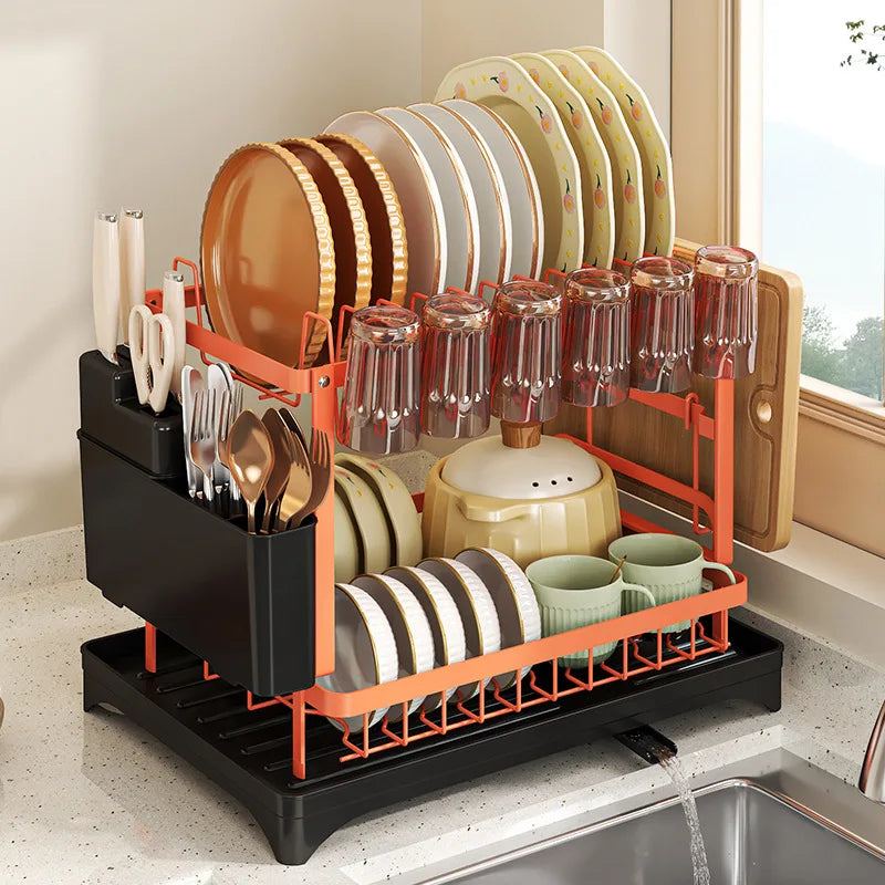 Foldable Kitchen Dish Storage Rack Tableware Drain Rack Plate Cutlery Drain Basket Sink Rack Cupboard Shelf Oasis Select Orange full set