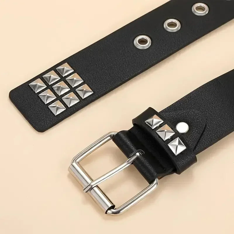 Punk Style Rivet Belt Set Equipped with Stainless Steel Square Buckle PU Panel Material Male and Female Pyramid Rivet Decorat Oasis Select
