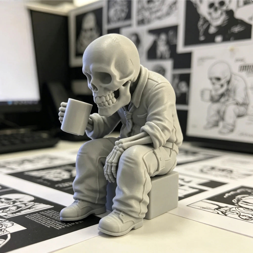 Gothic Eerie Office Worker Skeleton Miniature Figurine Seated Coffee Drinking Skull Desk Ornaments Humor Home Office Decor Gifts Oasis Select