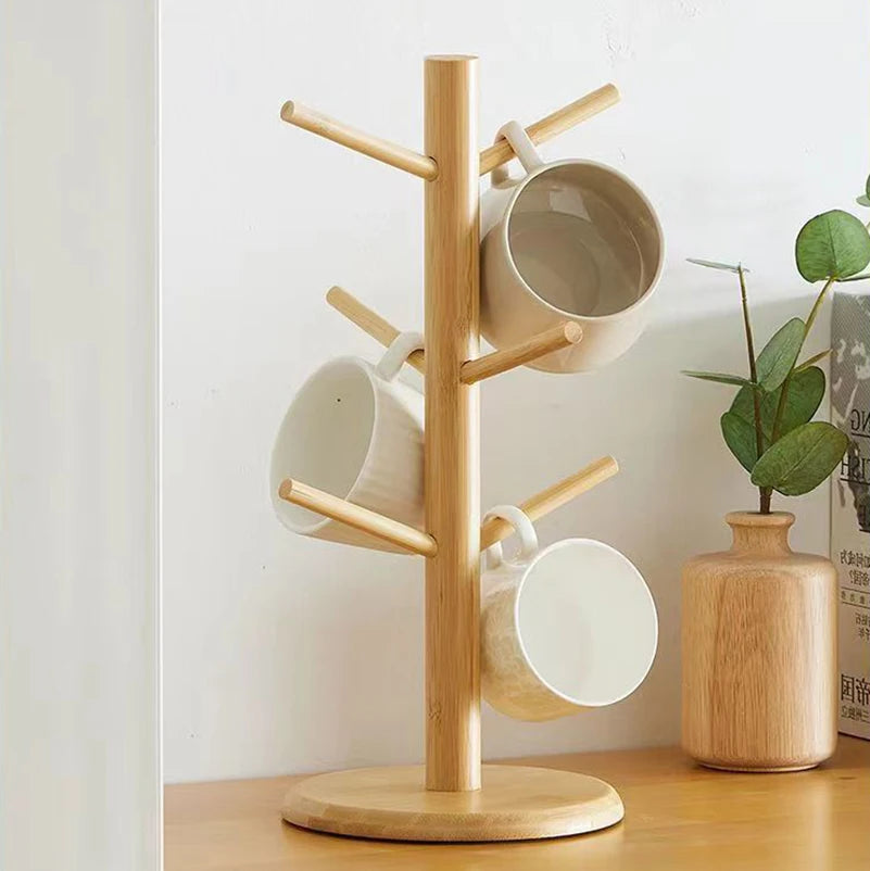Tree Shape Bamboo Mug Holder Stand – 6-Hook Cup Display Rack