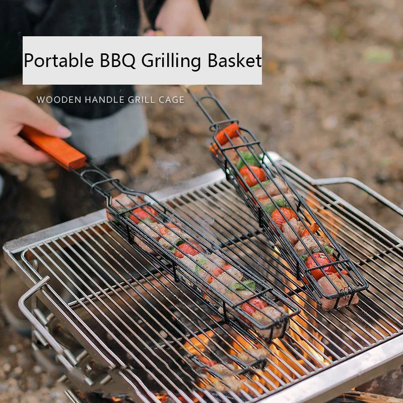 Portable BBQ Grilling Basket Stainless Steel Nonstick Barbecue Grill Basket Wooden Handle Grill Mesh Meat Picnic Roasting Tool Oasis Select