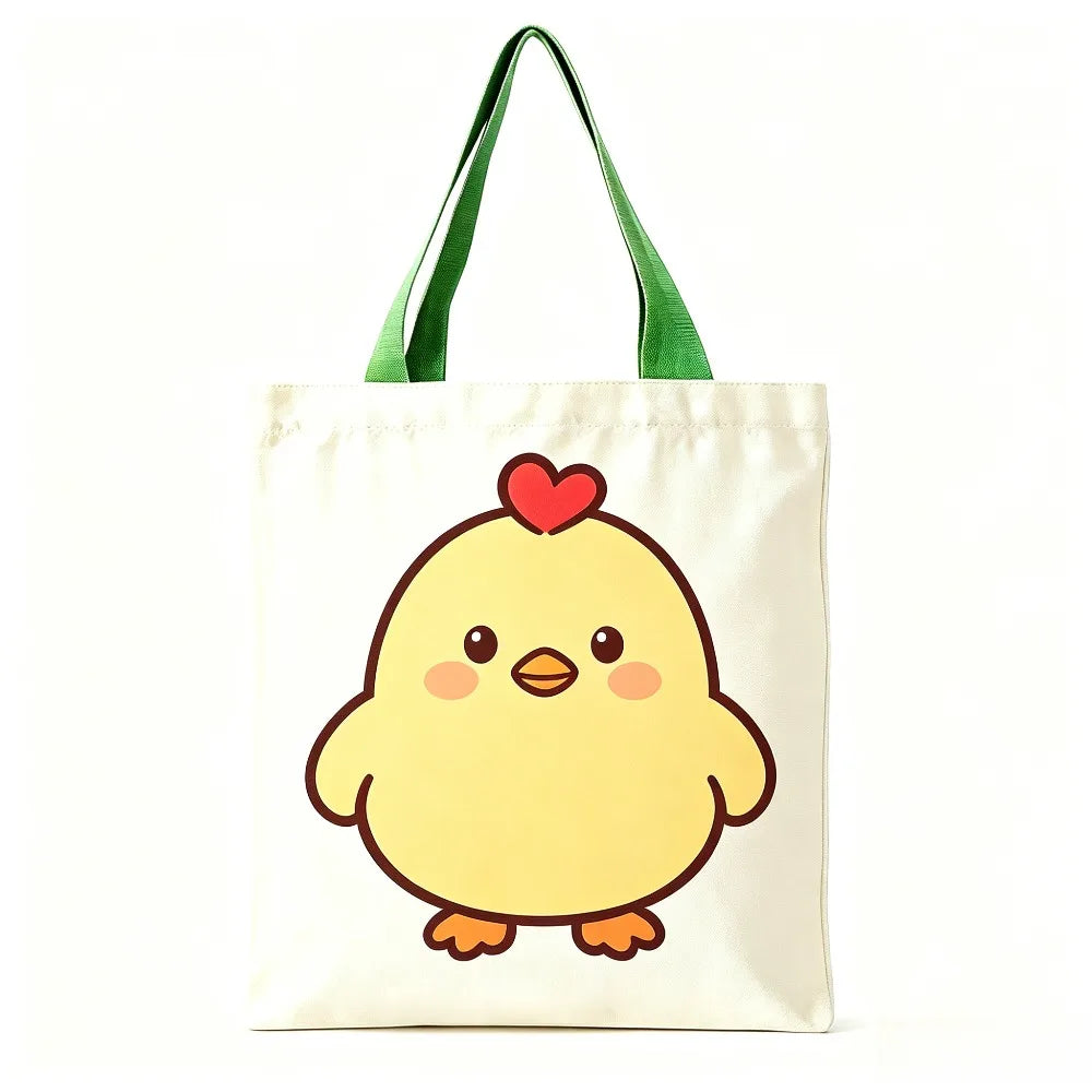 Cute Yellow Chick Red Heart Print Canvas Tote Bag Eco Reusable Shoulder Bag Grocery Daily Shopping Bag Oasis Select Green