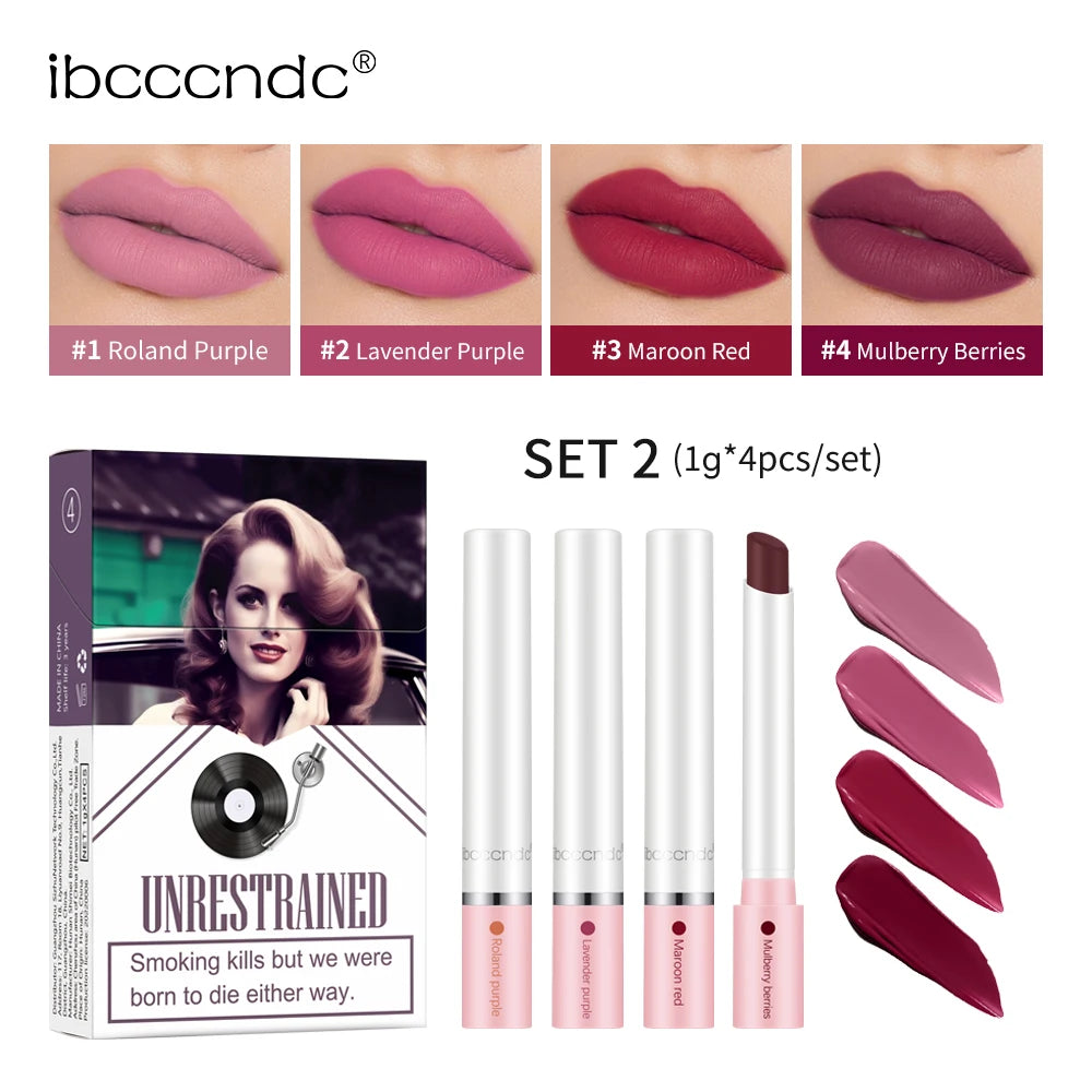 4PCS/Set Matte Long Lasting Waterproof Creative Cigarette Lipstick Set Matt Lip Stick Tube Nude Red Velvet Lip Tint Makeup Oasis Select Set 2