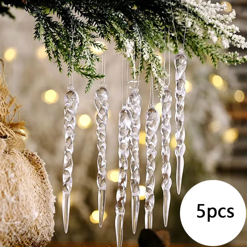 5pcs Christmas Decoration Simulation Ice Xmas Tree Hanging Ornament DIY Fake Icicle for Wedding Winter Party Decor New Year Oasis Select transparent