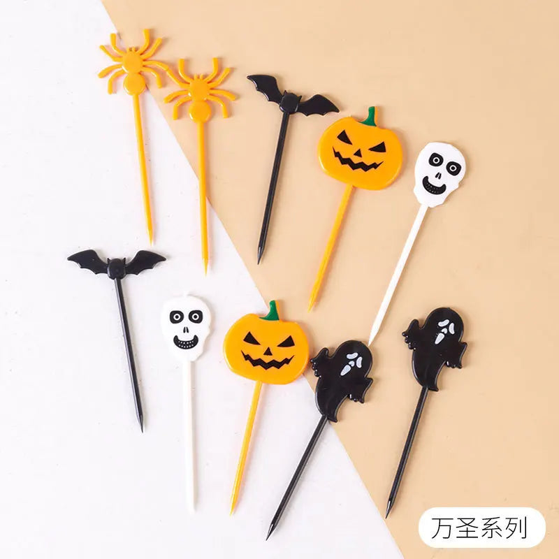 10pcs/set Cartoon Children Cake Dessert Pick Toothpick Lunch Pick Halloween Fruit Fork Food Fork Bento Lunches Party Decoration Oasis Select fruit signs