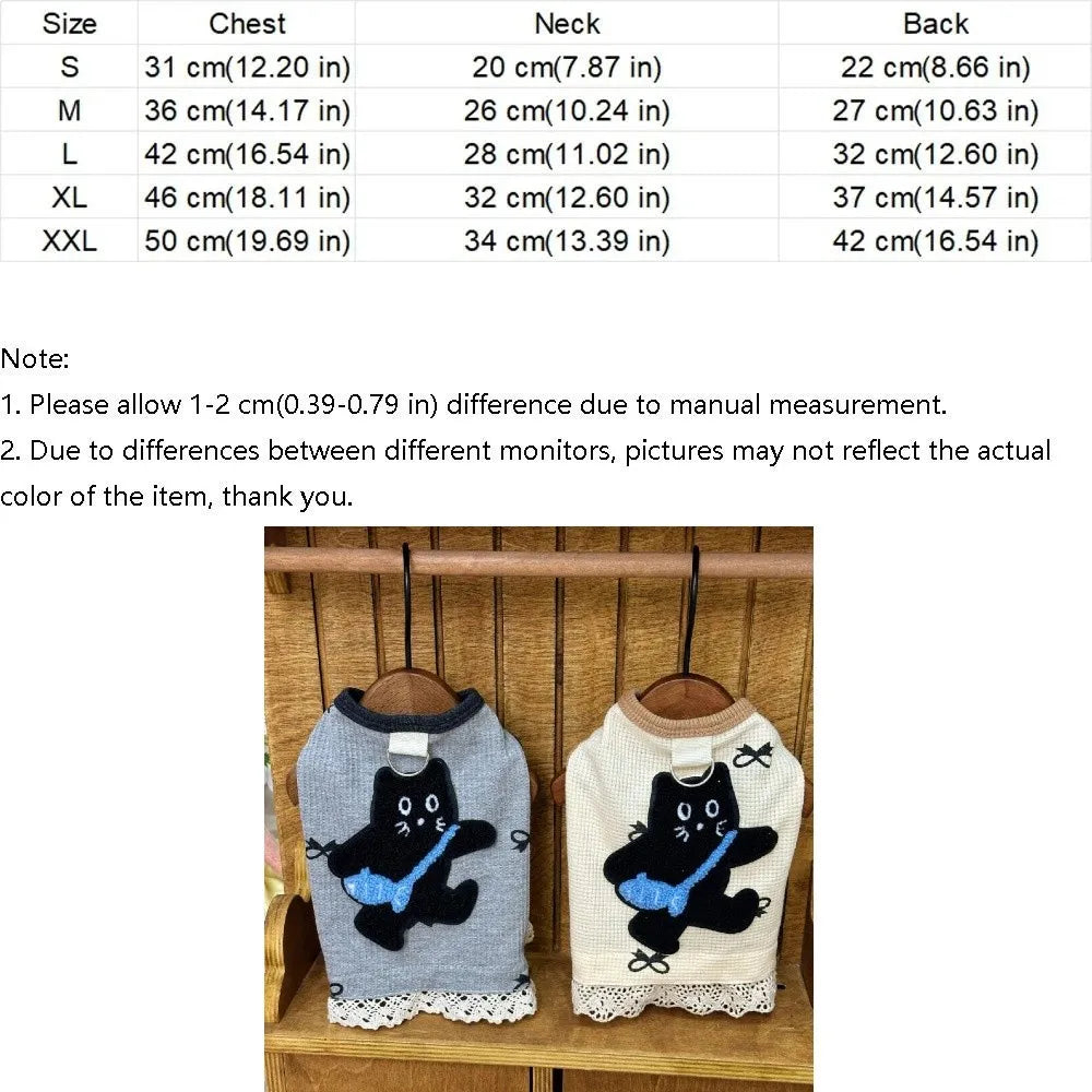 Waffle Dog Vest | Cat Print Lace-Edge Pet Undershirt S–XXL
