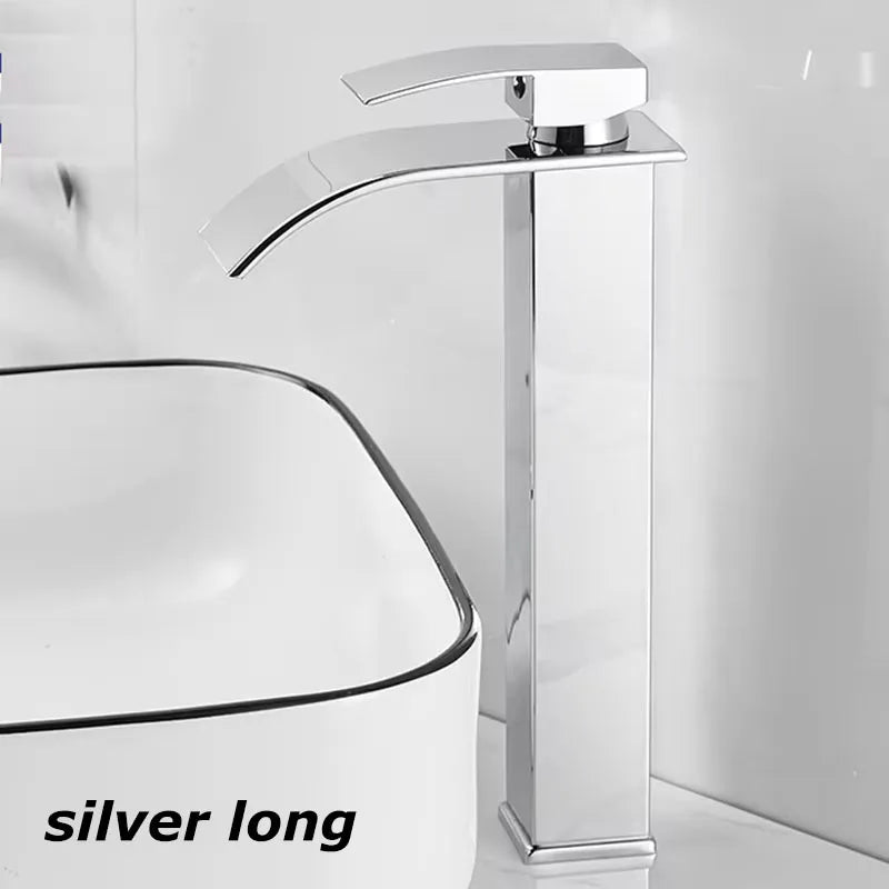 Waterfall Sink Faucet Bathroom Accessories Dual Control of Hot and Cold Bathroom Mixer Tap Washbasin Faucet Set Fixture Home Oasis Select Silver long