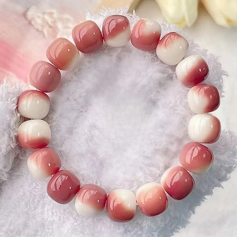 Two Tone Barrel Bead Bracelet Gradient Two Color Polished Stone Beaded Bangle Cute Daily Fashion Wrist Jewelry for Women Gift Oasis Select pink white