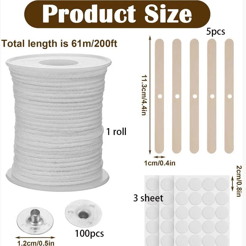 Cotton Candle Wick Roll, 100Pcs Metal Sustainers 3Sheet Candle-Wick Stickers 5Pcs Wooden Candle-Wick Centering,Candle Making Kit Oasis Select Light Grey