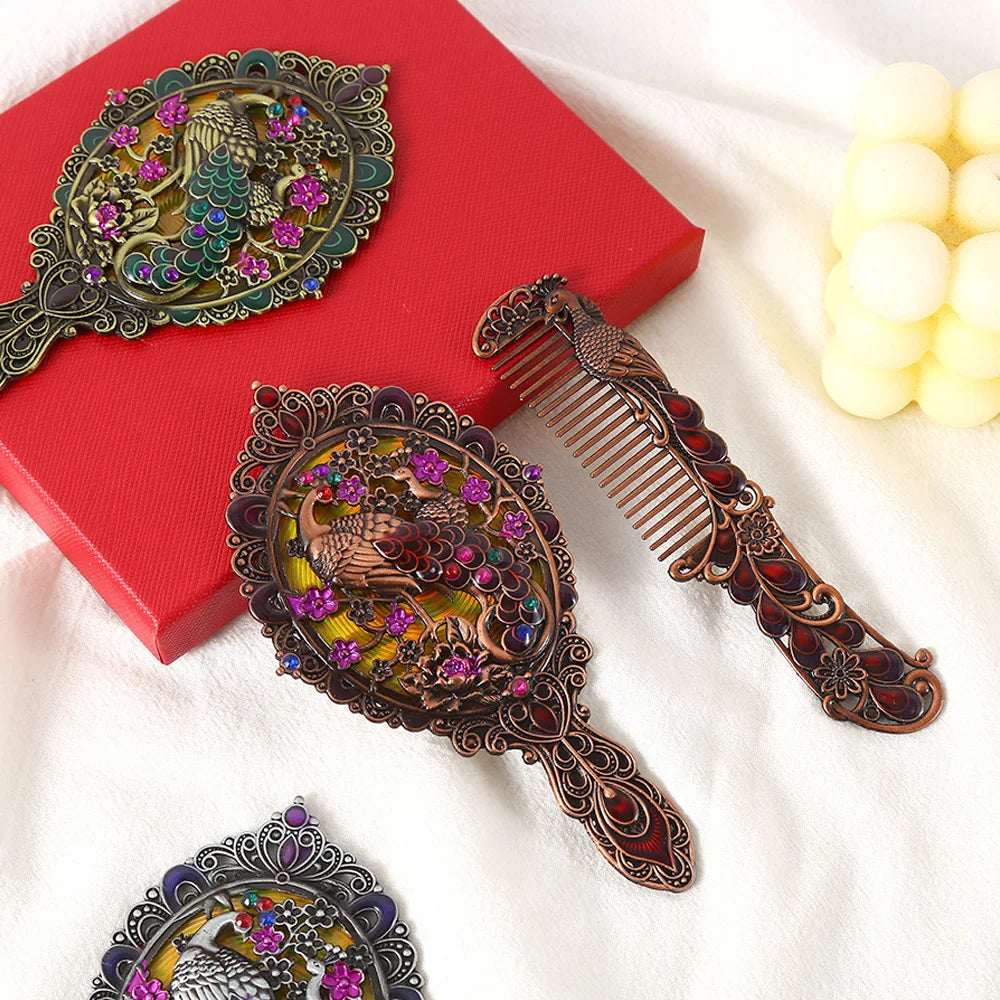 Peacock Embossed Metal Vanity Mirror & Comb Set – 2 Pcs Vanity Mirror Set Oasis Select