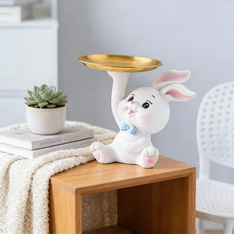 Cute Rabbit/Cat Storage Tray Multifunctional Rabbit Sculpture Key Tray Resin Bunny Statue Candy Dish Home Office Desk Decor Oasis Select