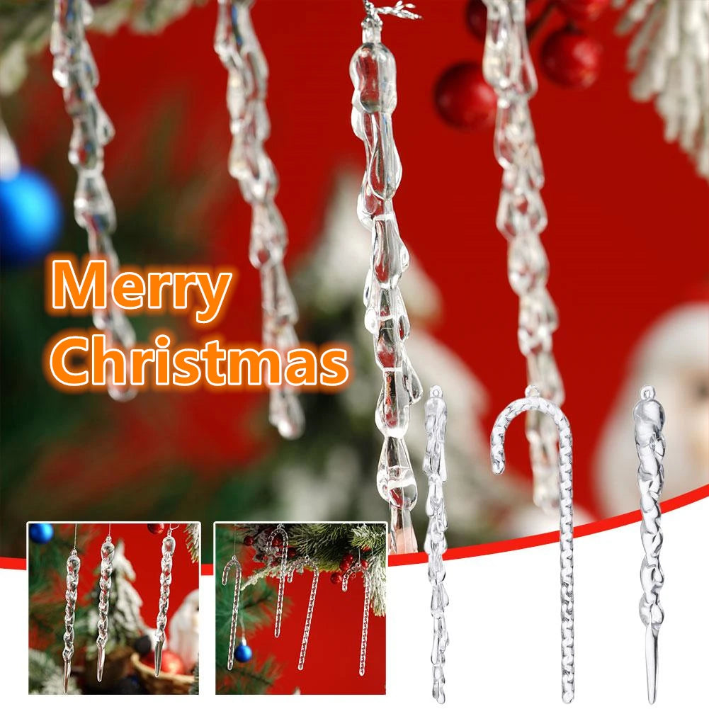 12pcs Acrylic Simulation Ice Xmas Tree Hanging Clear Fake Icicle Pendant Ornament Merry Christmas Party Decoration New Year Oasis Select